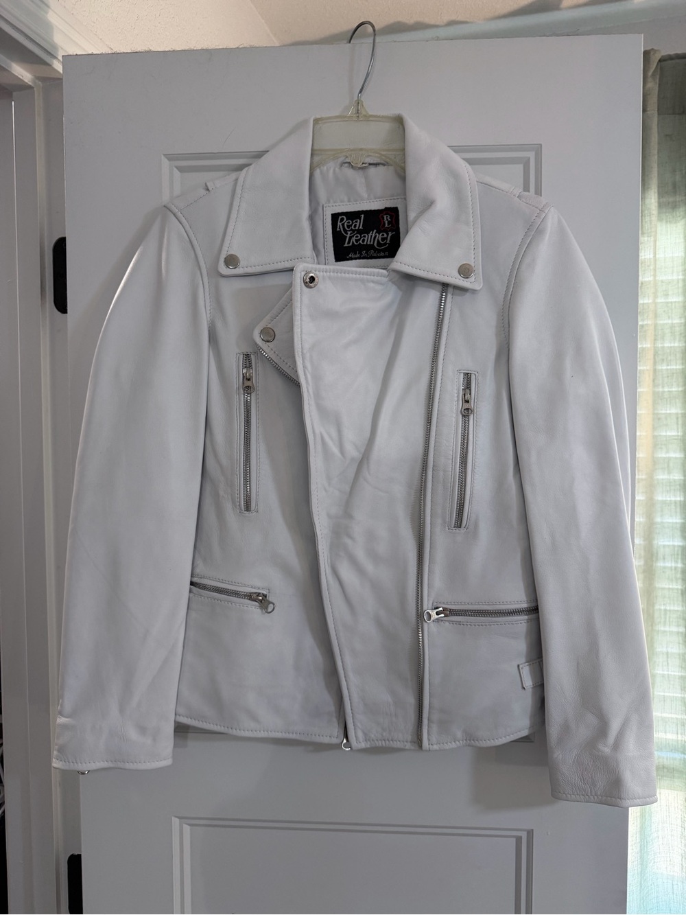 Real Leather Women's White Moto Jacket